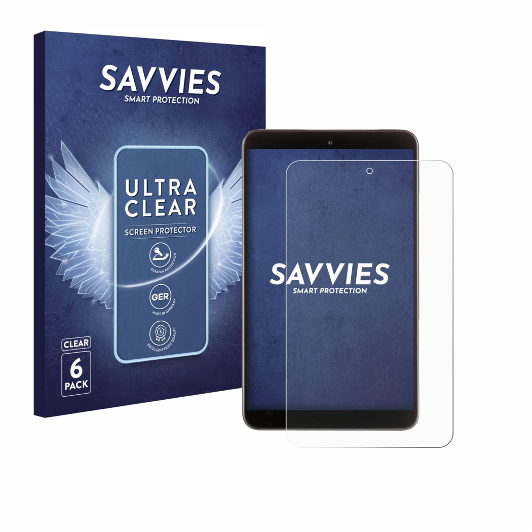 Face avant d’un emballage produit avec le logo de la marque Savvies. À côté, l’appareil Nokia T10 (portrait) est représenté av