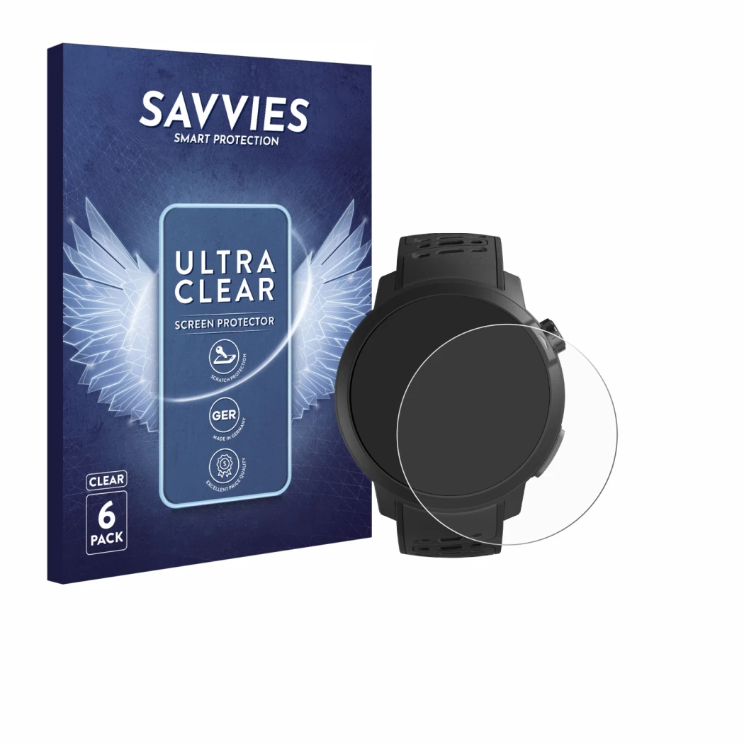 Face avant d’un emballage produit avec le logo de la marque Savvies. À côté, l’appareil Coros Pace Pro est représenté avec la 