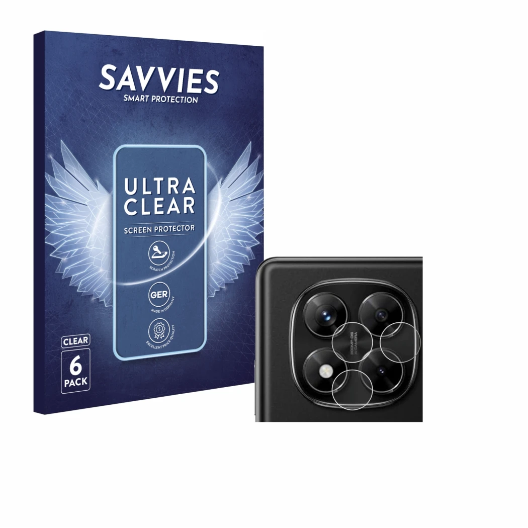 Face avant d’un emballage produit avec le logo de la marque Savvies. À côté, l’appareil Xiaomi Redmi Note 14 Pro (Caméra UNIQU