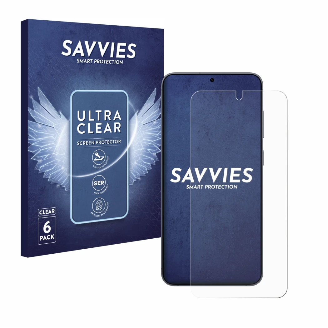 Face avant d’un emballage produit avec le logo de la marque Savvies. À côté, l’appareil Samsung Galaxy S25 est représenté avec