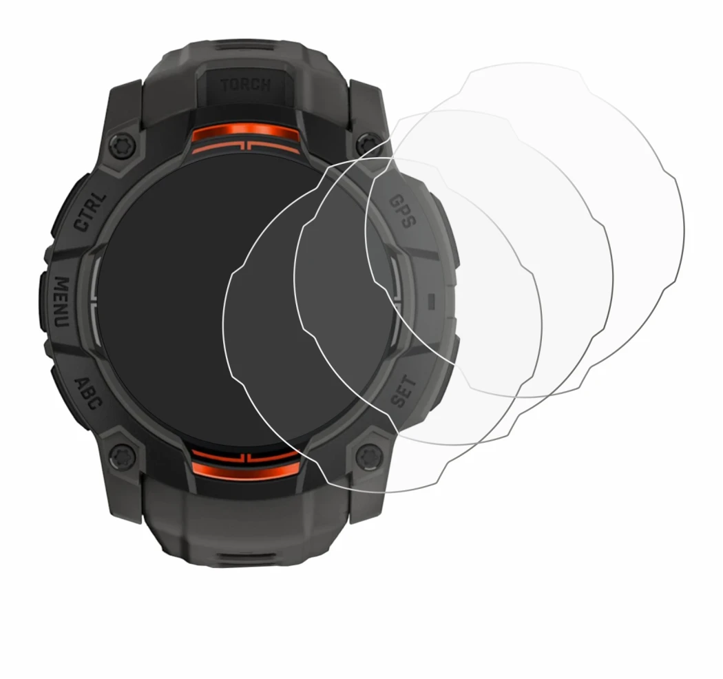 Image de l'appareil Garmin Instinct 3 Solar (50 mm) avec une grande variété de protections d'écran.