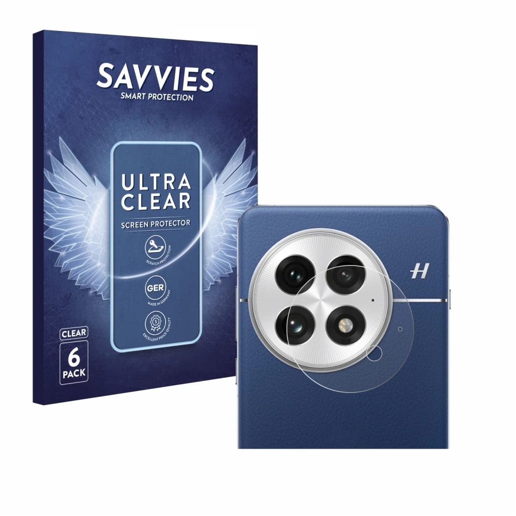 Face avant d’un emballage produit avec le logo de la marque Savvies. À côté, l’appareil OnePlus 13 (Caméra UNIQUEMENT) est rep