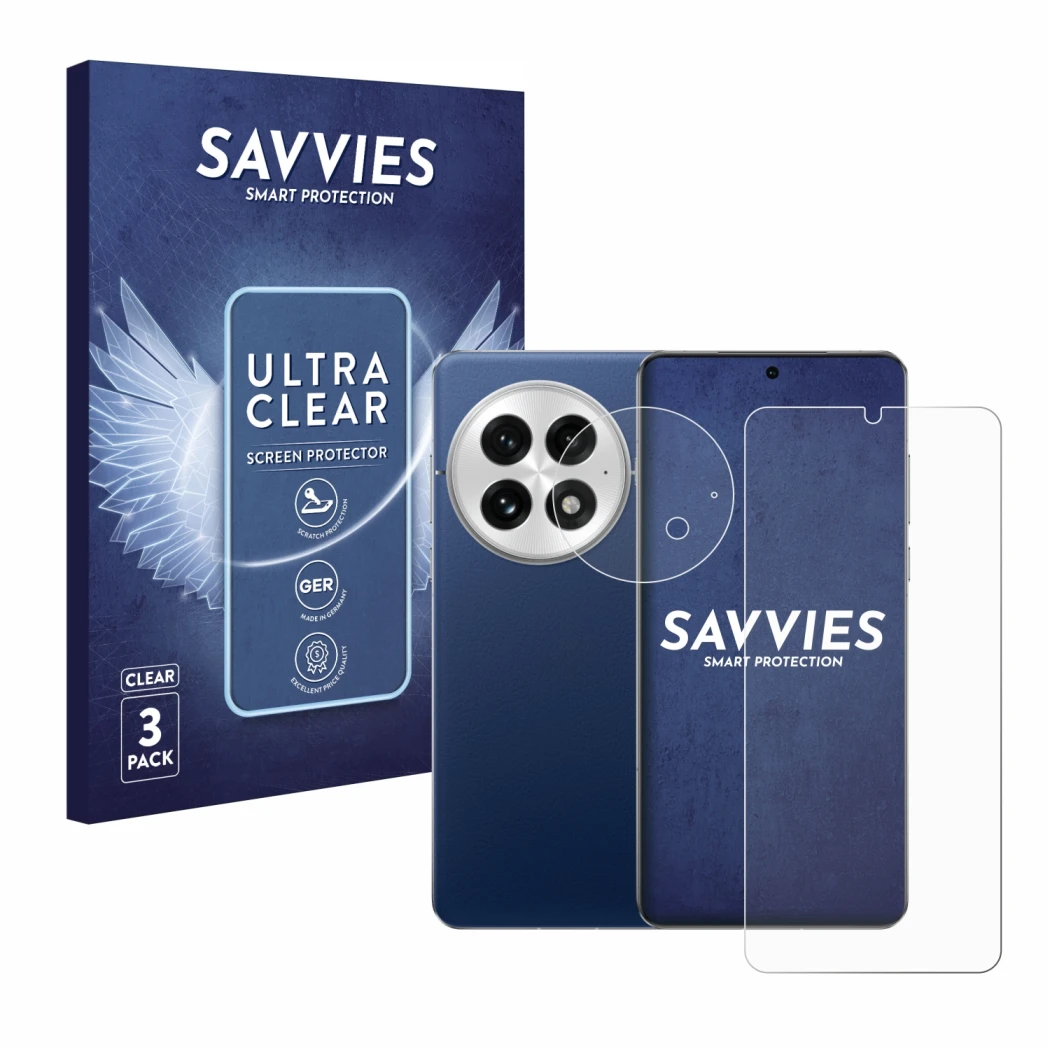 Face avant d’un emballage produit avec le logo de la marque Savvies. À côté, l’appareil OnePlus 13 (Avant+Caméra) est représen