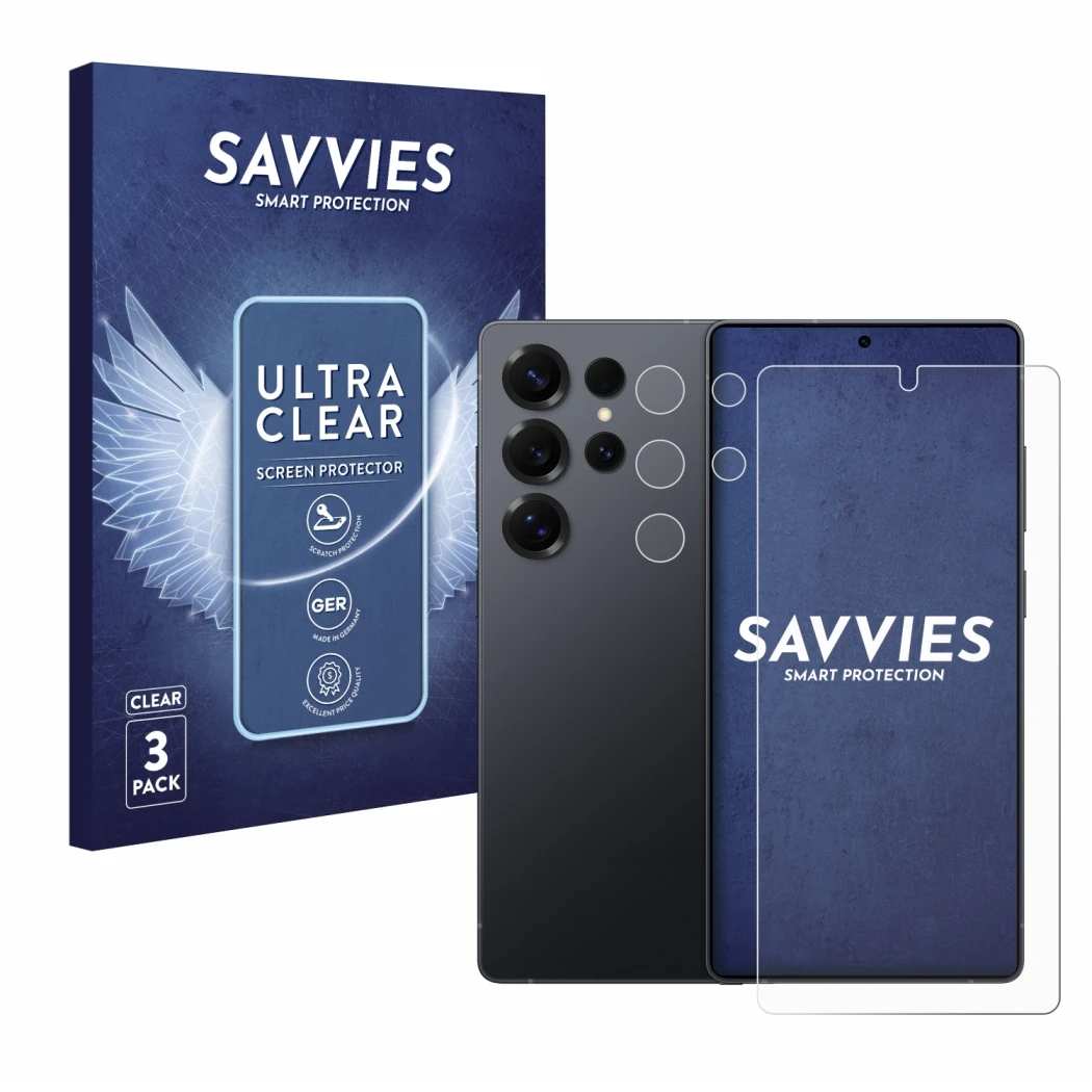 Face avant d’un emballage produit avec le logo de la marque Savvies. À côté, l’appareil Samsung Galaxy S25 Ultra Enterprise Ed