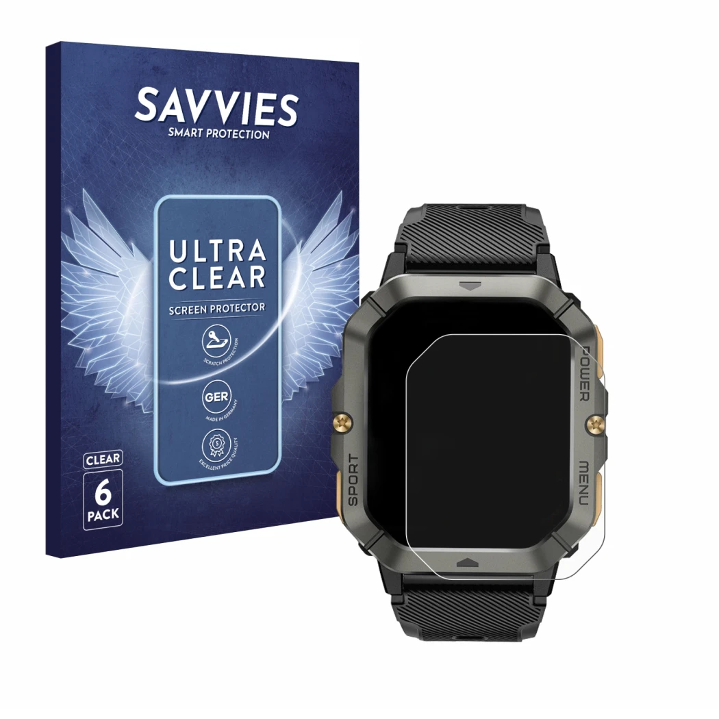 Face avant d’un emballage produit avec le logo de la marque Savvies. À côté, l’appareil Banlvs Smartwatch 2.02