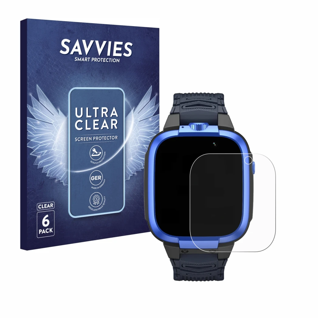 Face avant d’un emballage produit avec le logo de la marque Savvies. À côté, l’appareil Xiaomi Mibro Kids Z3 est représenté av