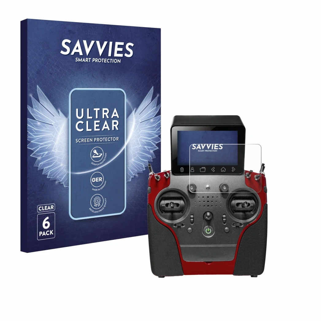 Face avant d’un emballage produit avec le logo de la marque Savvies. À côté, l’appareil PowerBox Systems Atom est représenté a