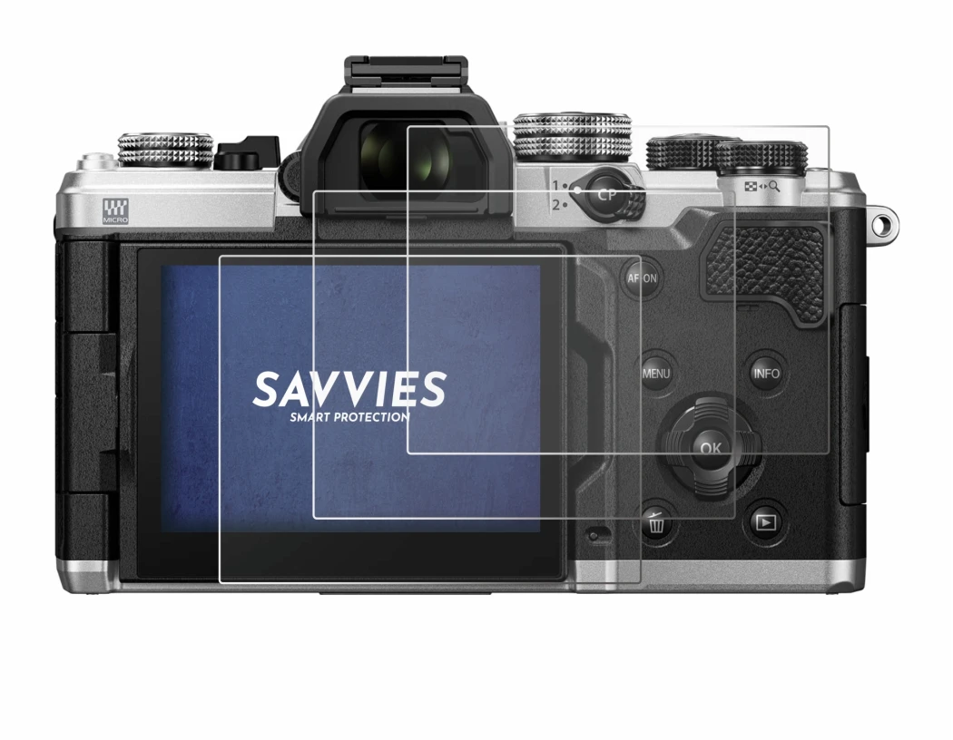 Image de l'appareil OM System OM-3 avec une grande variété de protections d'écran.