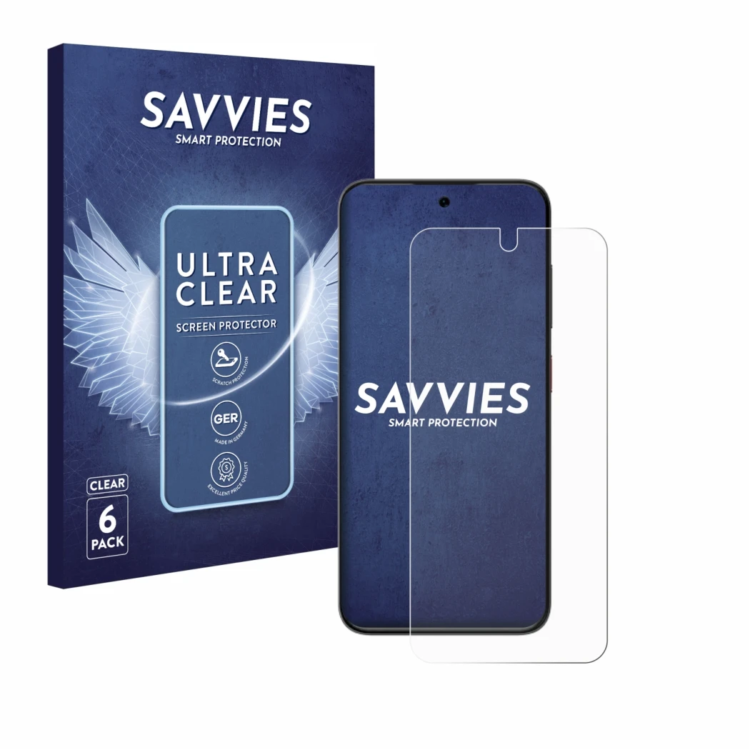 Face avant d’un emballage produit avec le logo de la marque Savvies. À côté, l’appareil ZTE Blade V70 Vita est représenté avec