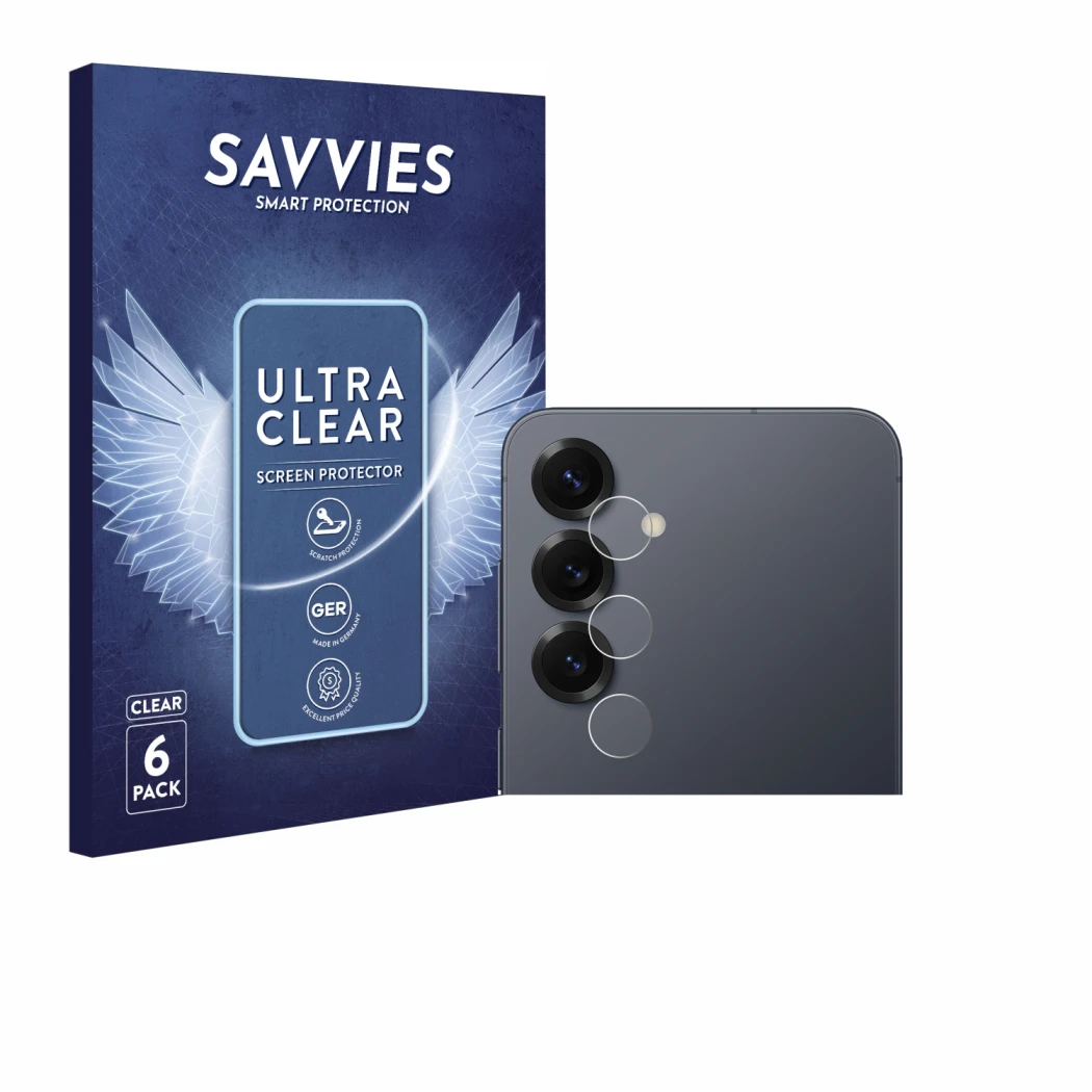 Face avant d’un emballage produit avec le logo de la marque Savvies. À côté, l’appareil Samsung Galaxy S25 Enterprise Edition 