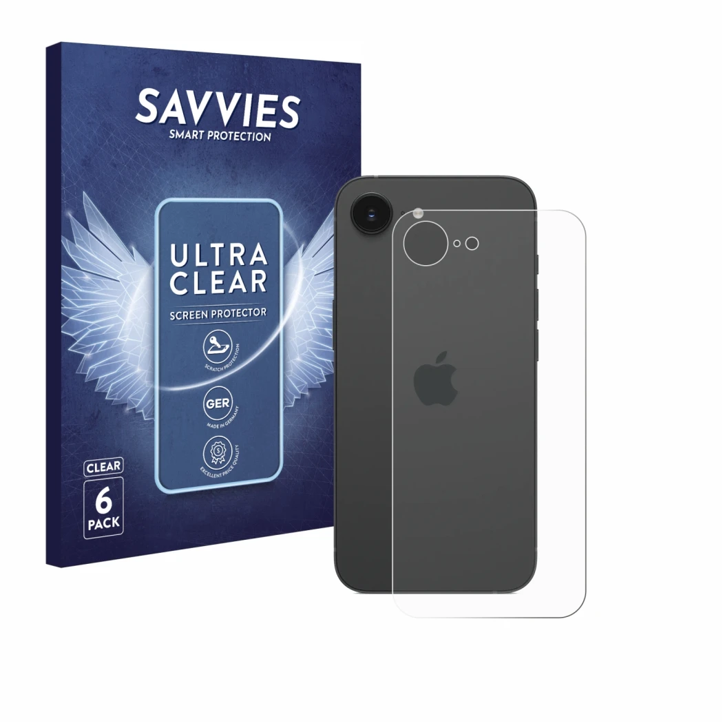 Face avant d’un emballage produit avec le logo de la marque Savvies. À côté, l’appareil Apple iPhone 16e (Arrière) est représe