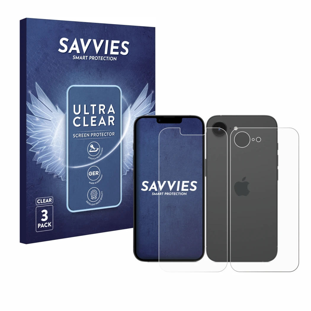 Face avant d’un emballage produit avec le logo de la marque Savvies. À côté, l’appareil Apple iPhone 16e (Avant+Arrière) est r