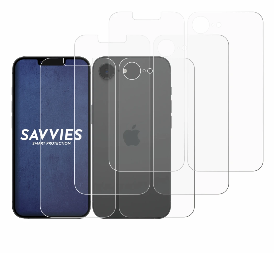 Image de l'appareil Apple iPhone 16e (Avant+Arrière) avec une grande variété de protections d'écran.