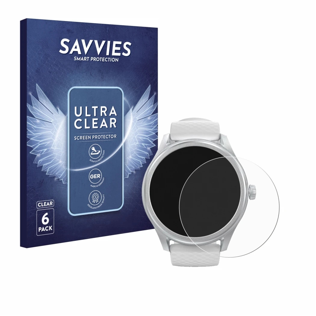 Face avant d’un emballage produit avec le logo de la marque Savvies. À côté, l’appareil Hama Smartwatch 5010 est représenté av