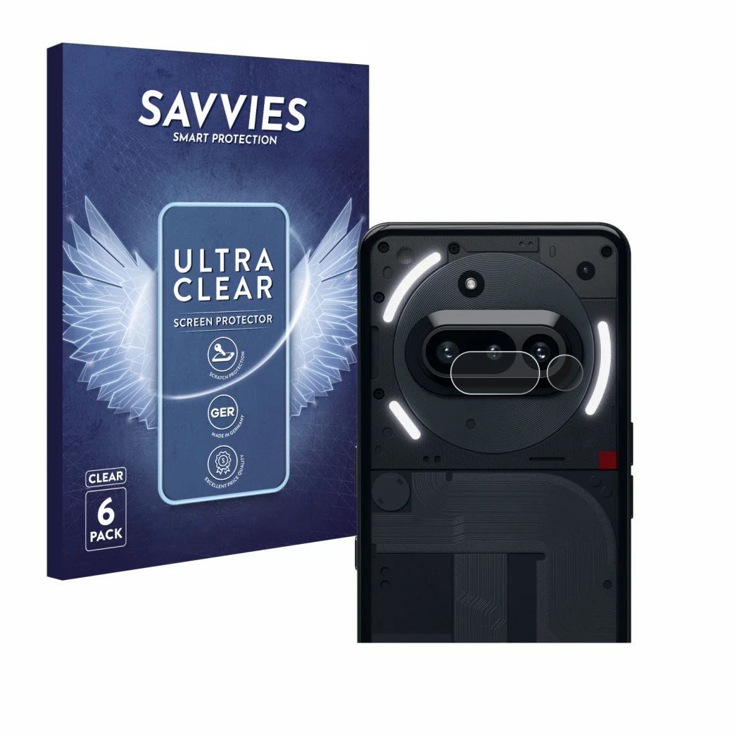 Face avant d’un emballage produit avec le logo de la marque Savvies. À côté, l’appareil Nothing Phone (3a) (Caméra UNIQUEMENT)