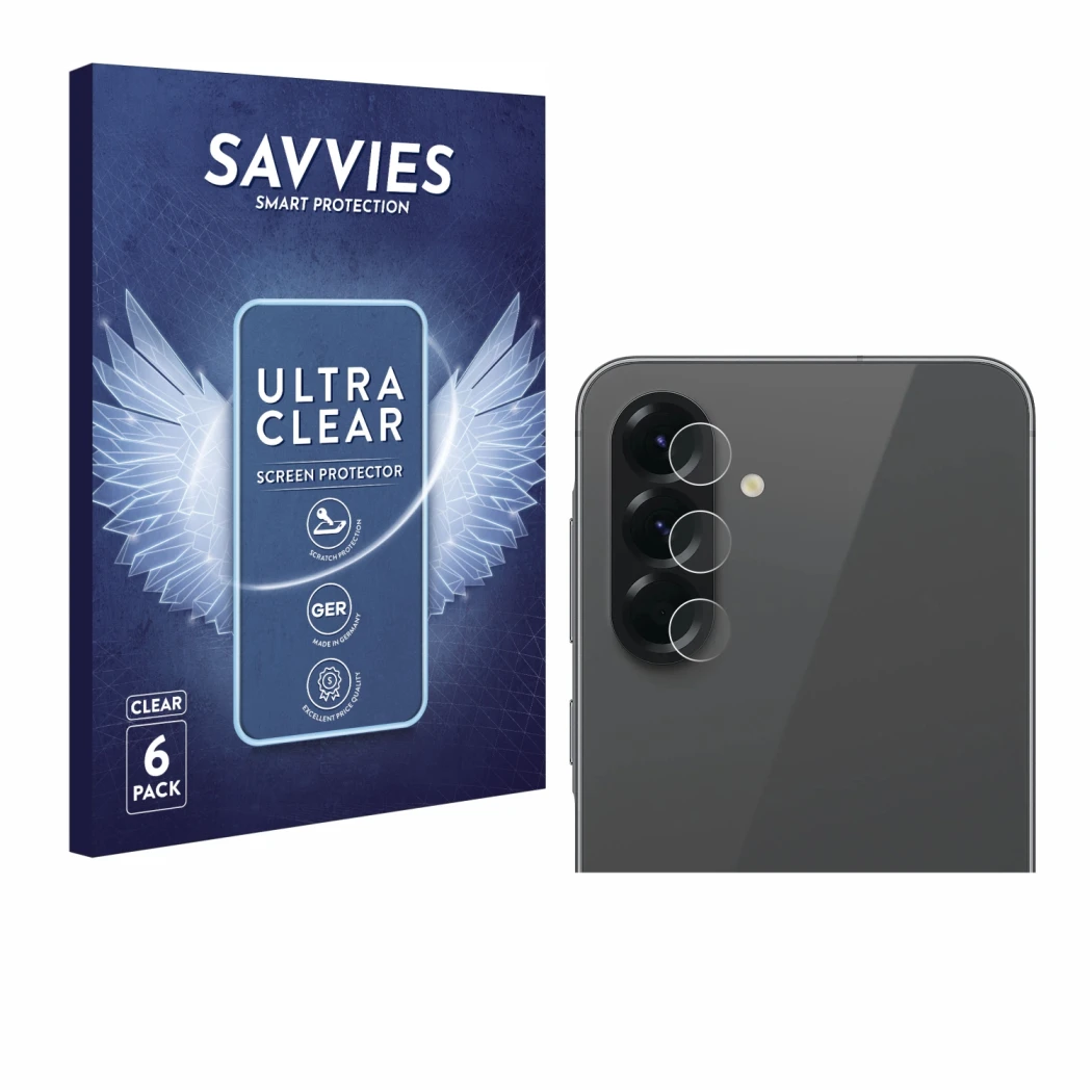 Face avant d’un emballage produit avec le logo de la marque Savvies. À côté, l’appareil Samsung Galaxy A56 5G (Caméra UNIQUEME