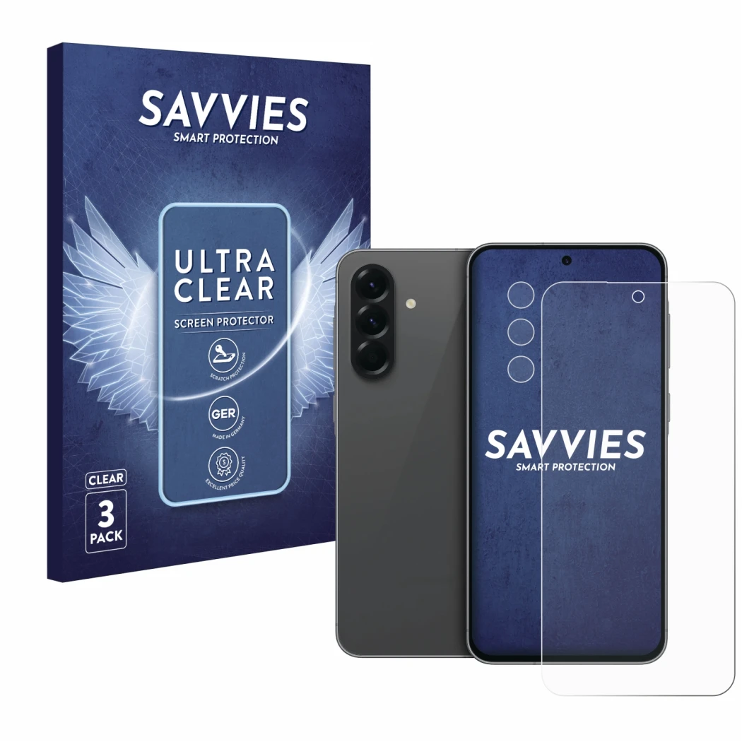 Face avant d’un emballage produit avec le logo de la marque Savvies. À côté, l’appareil Samsung Galaxy A56 5G (Avant+Caméra) e