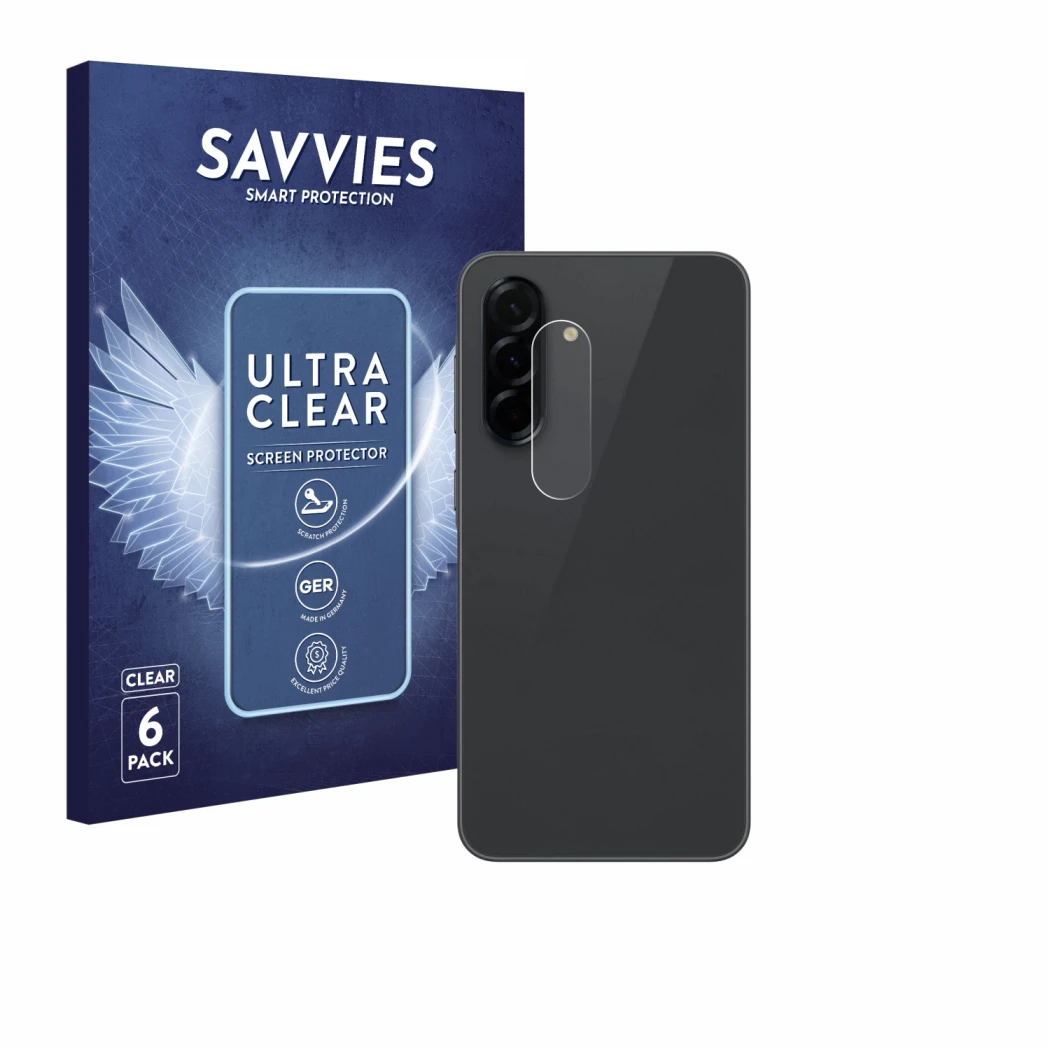 Face avant d’un emballage produit avec le logo de la marque Savvies. À côté, l’appareil Samsung Galaxy A36 5G (Caméra UNIQUEME