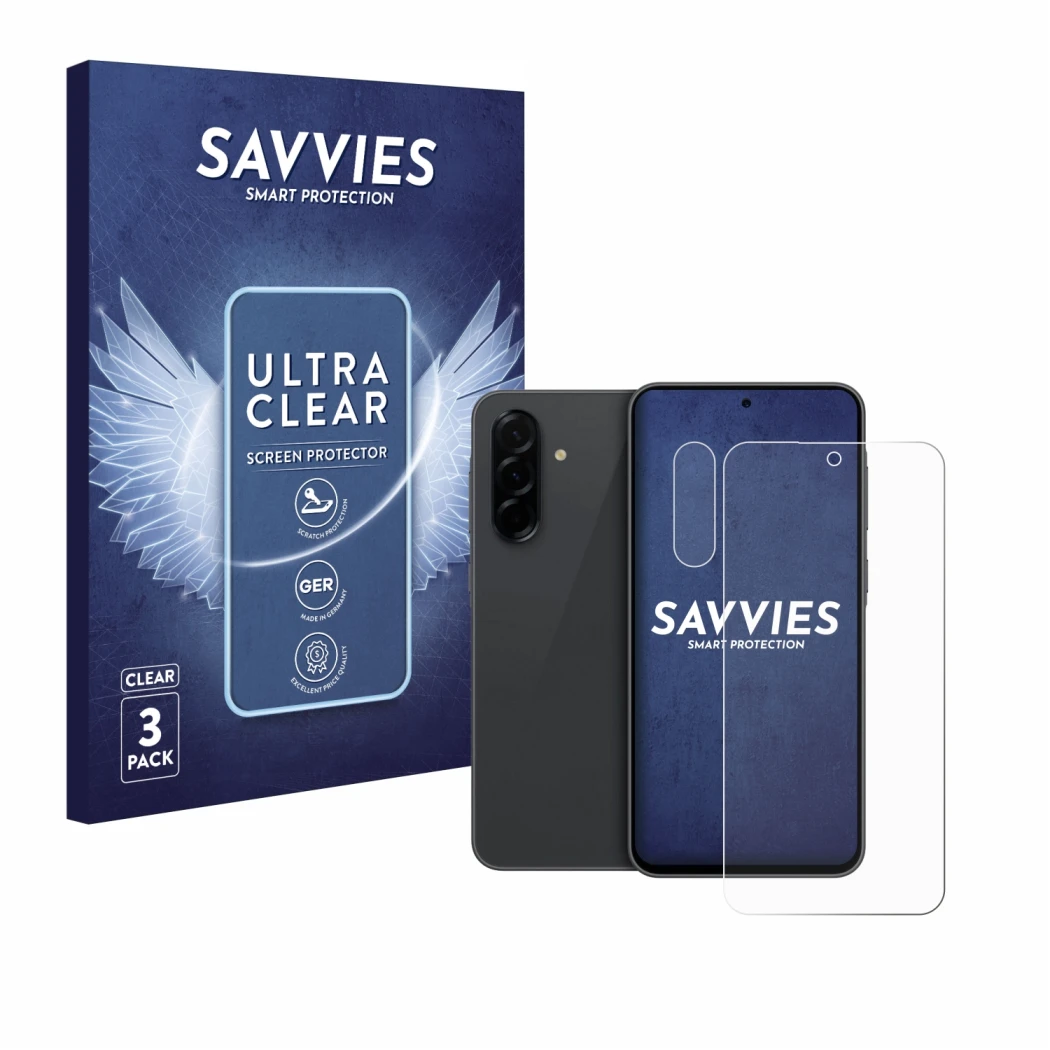 Face avant d’un emballage produit avec le logo de la marque Savvies. À côté, l’appareil Samsung Galaxy A36 5G (Avant+Caméra) e