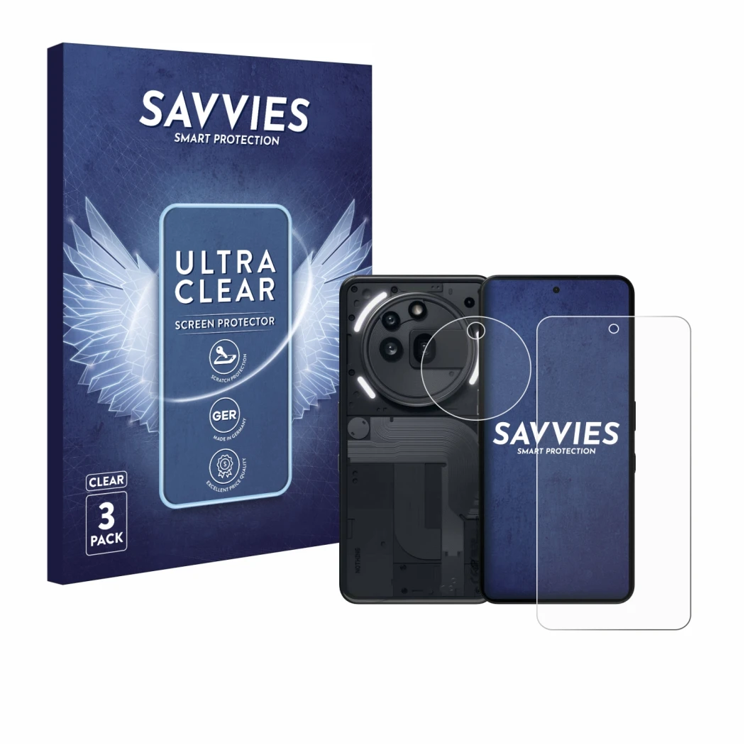 Face avant d’un emballage produit avec le logo de la marque Savvies. À côté, l’appareil Nothing Phone (3a) Pro (Avant+Caméra) 