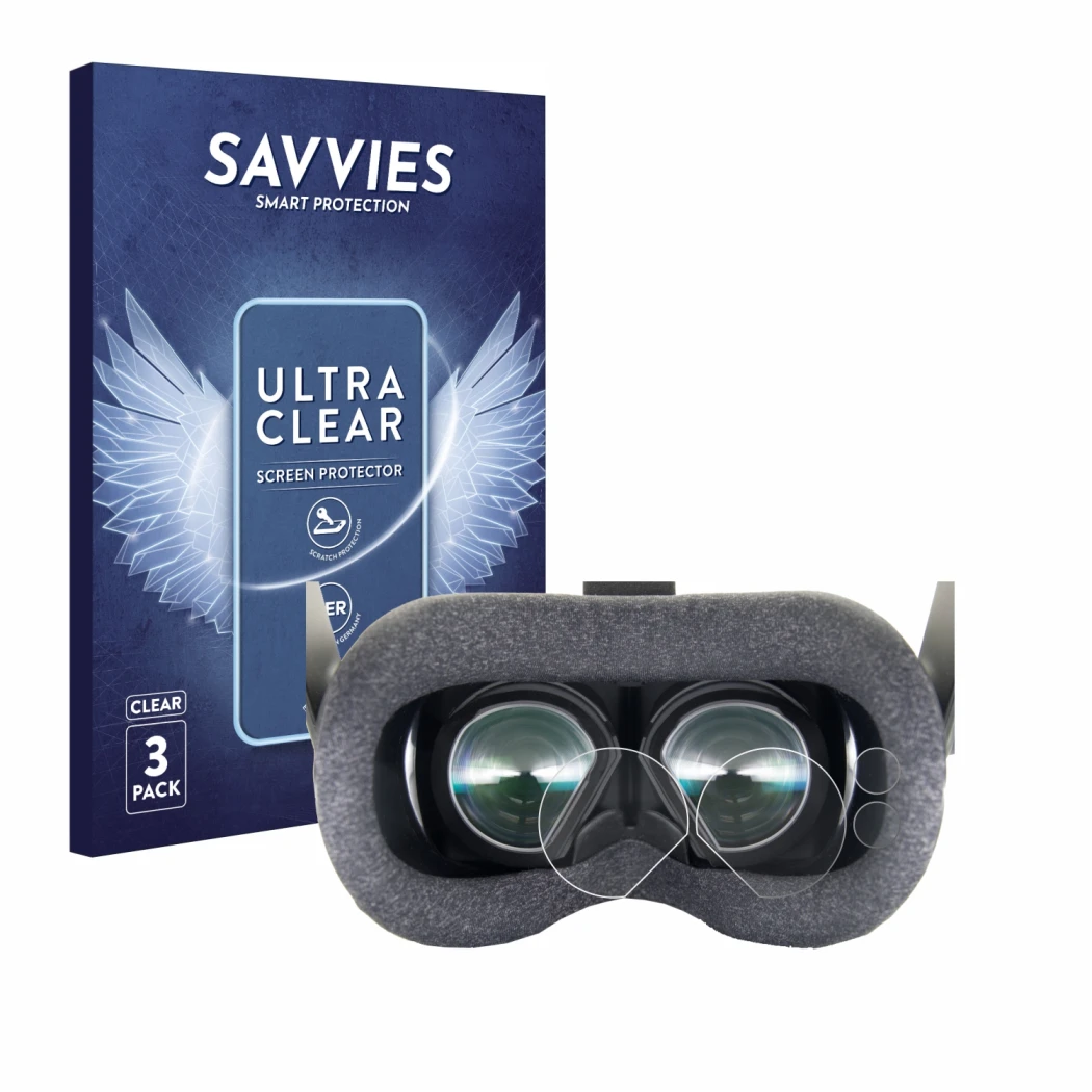 Face avant d’un emballage produit avec le logo de la marque Savvies. À côté, l’appareil Valve Index VR-Headset est représenté 
