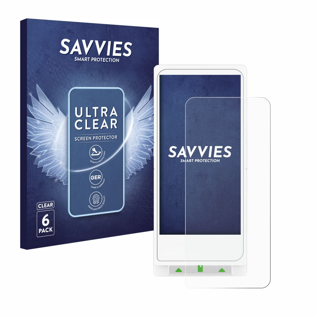 Face avant d’un emballage produit avec le logo de la marque Savvies. À côté, l’appareil Clover Flex est représenté avec la pro