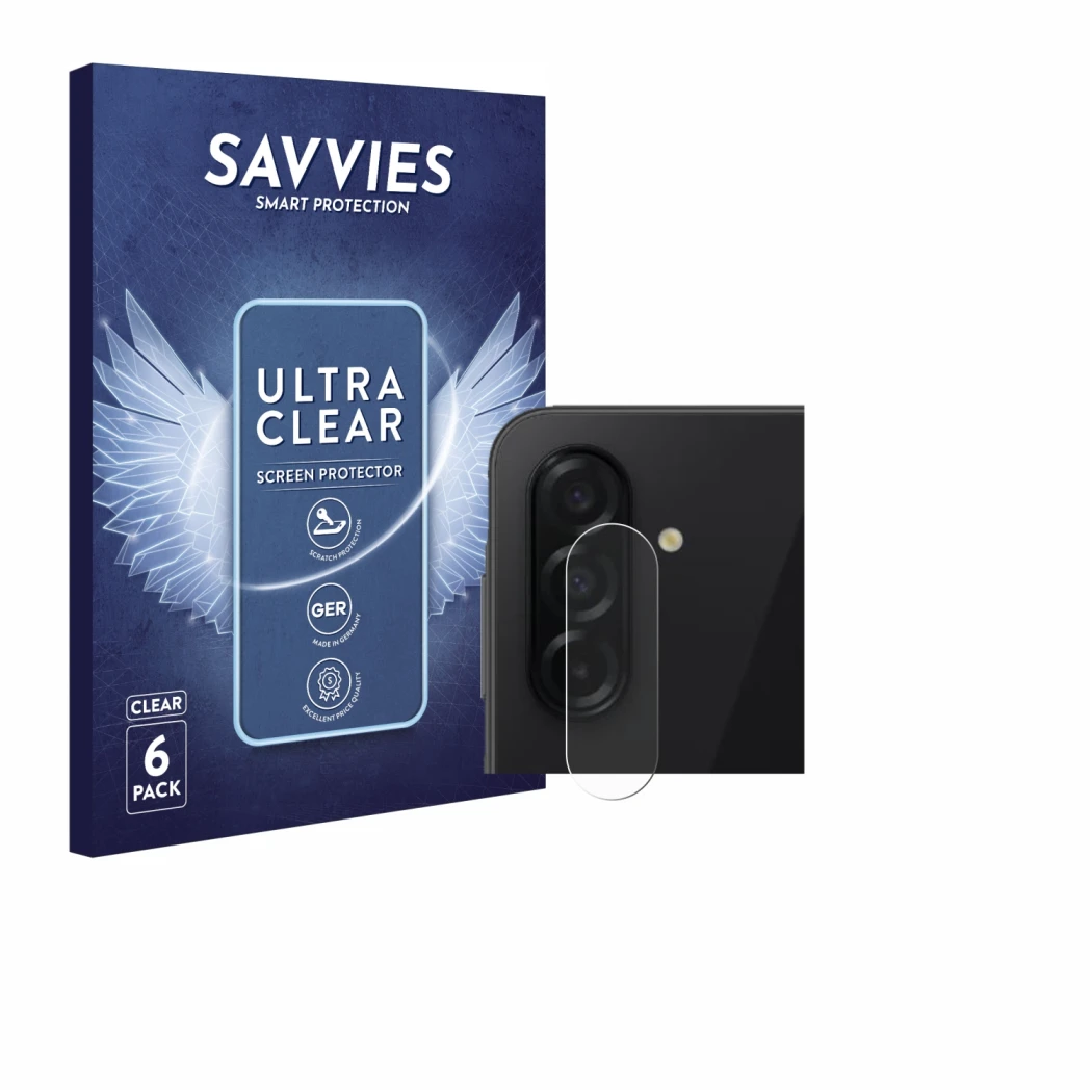 Face avant d’un emballage produit avec le logo de la marque Savvies. À côté, l’appareil Samsung Galaxy A26 5G Enterprise Editi