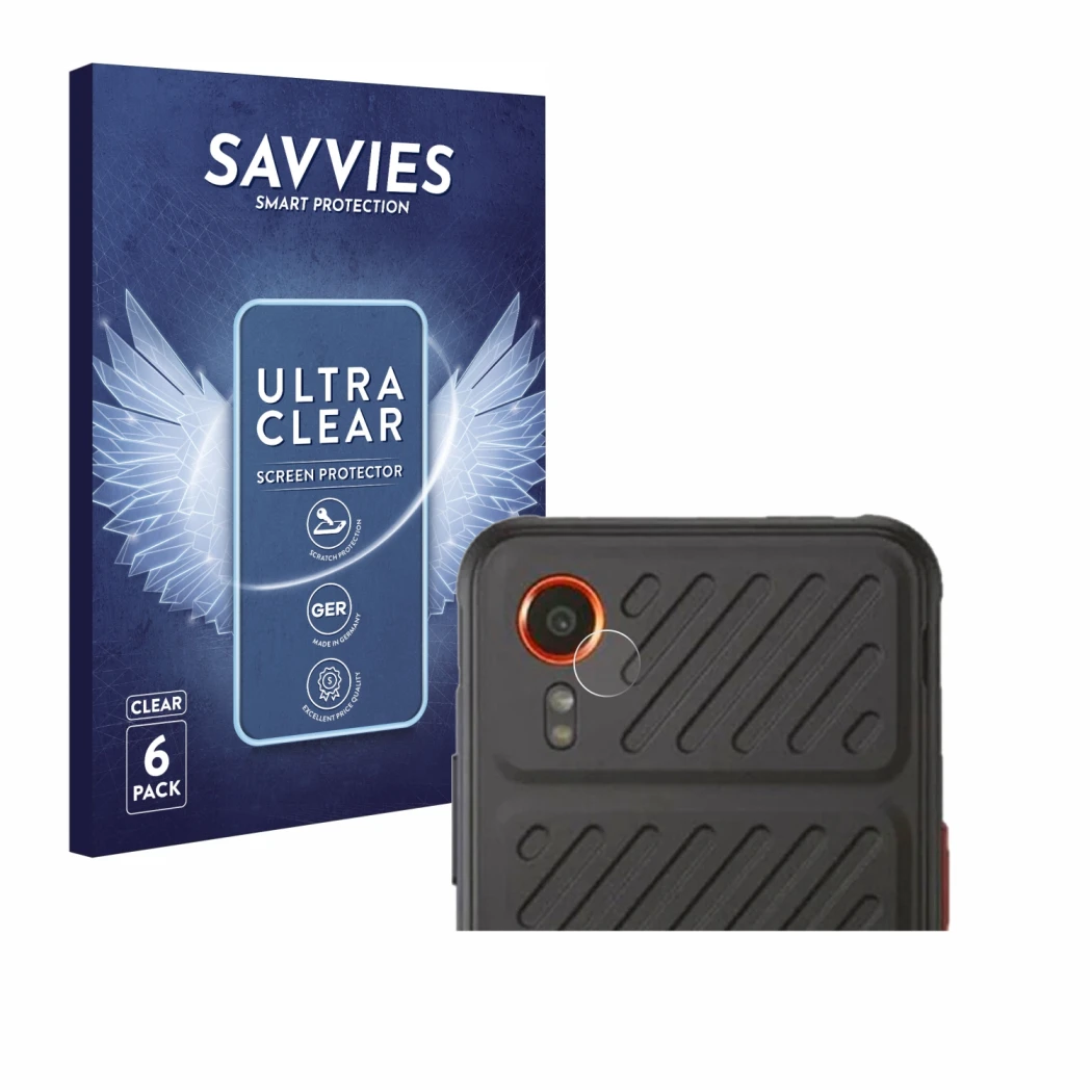 Face avant d’un emballage produit avec le logo de la marque Savvies. À côté, l’appareil Samsung Galaxy XCover 7 Enterprise Edi