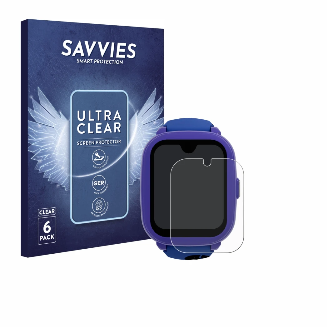 Face avant d’un emballage produit avec le logo de la marque Savvies. À côté, l’appareil SaveFamily Iconic Plus 2 4G est représ