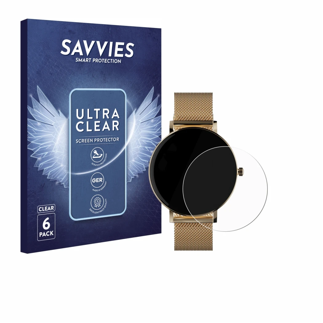 Face avant d’un emballage produit avec le logo de la marque Savvies. À côté, l’appareil ZenWatch Venice Pro est représenté ave