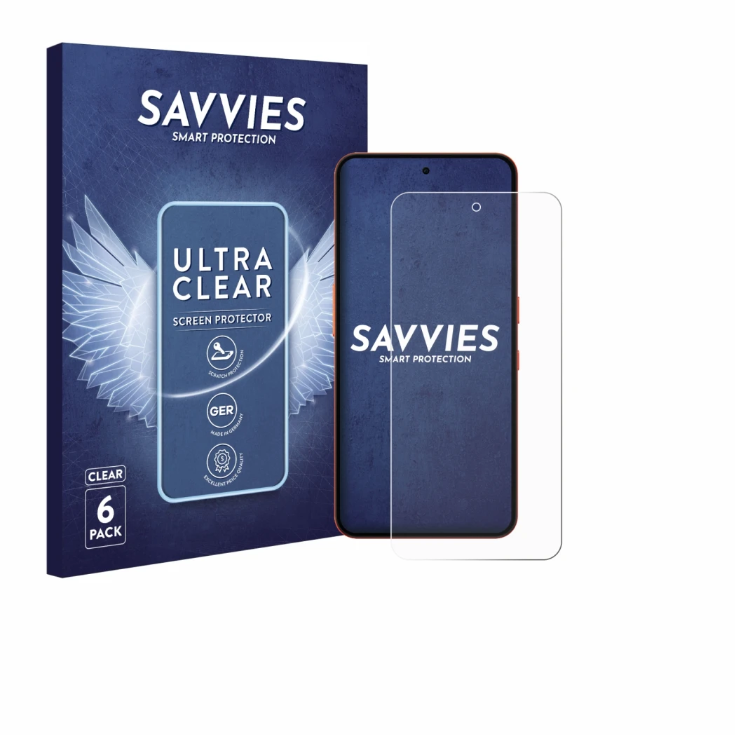 Face avant d’un emballage produit avec le logo de la marque Savvies. À côté, l’appareil Nothing CMF Phone 2 Pro est représenté