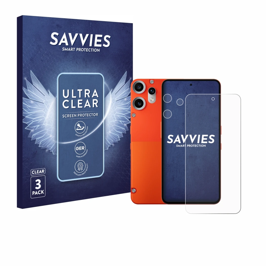 Face avant d’un emballage produit avec le logo de la marque Savvies. À côté, l’appareil Nothing CMF Phone 2 Pro (Avant+Caméra)