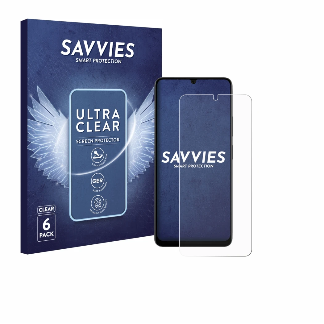 Face avant d’un emballage produit avec le logo de la marque Savvies. À côté, l’appareil Doogee Note 59 Pro est représenté avec