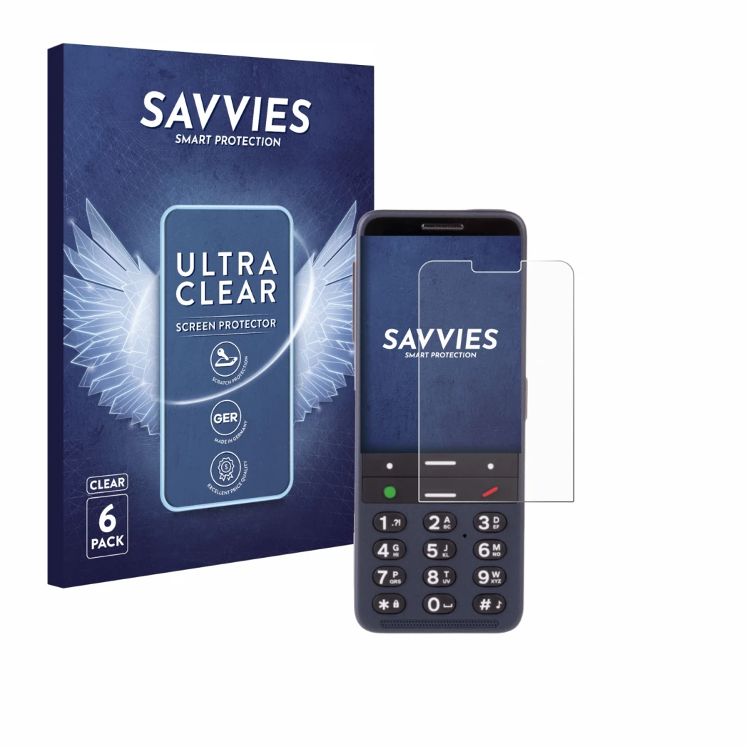 Face avant d’un emballage produit avec le logo de la marque Savvies. À côté, l’appareil BlindShell Classic 3 est représenté av