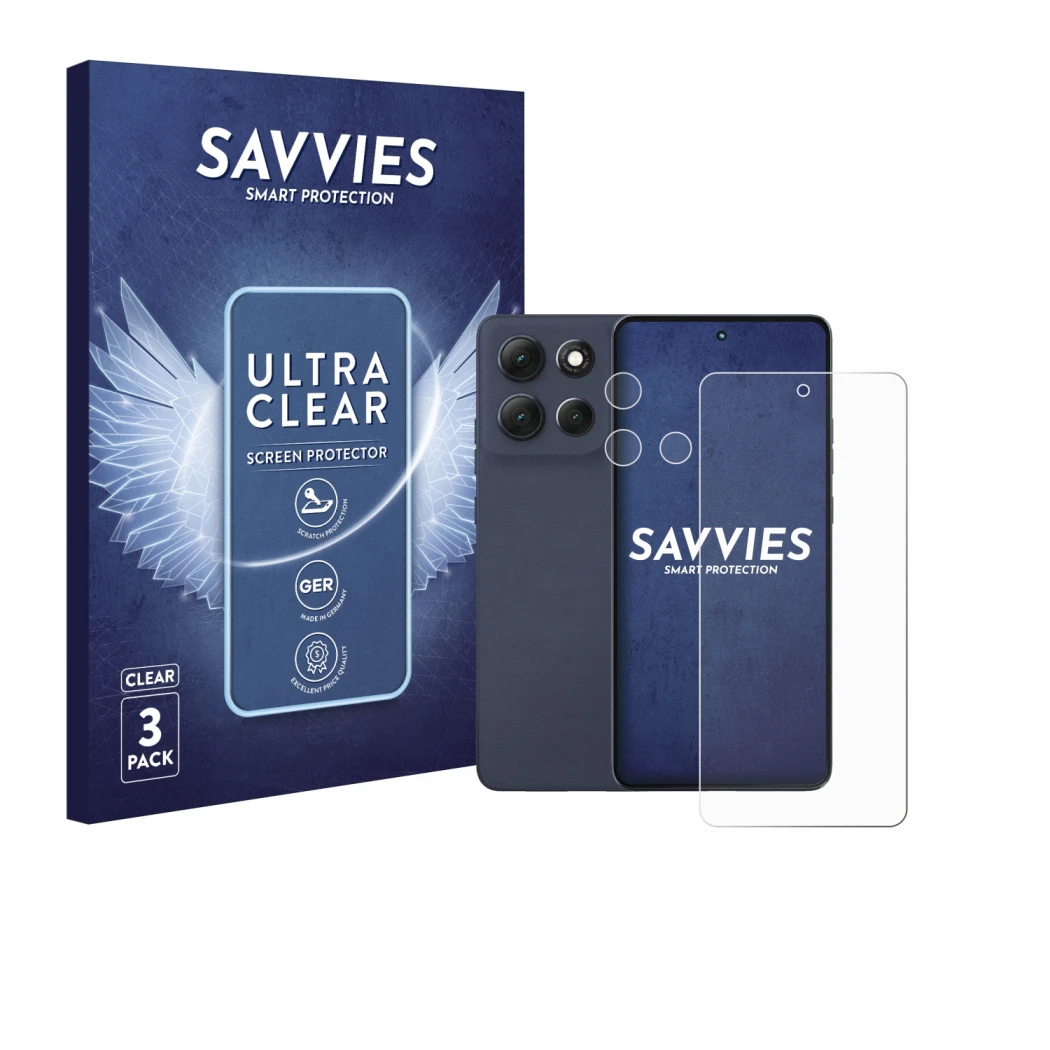 Face avant d’un emballage produit avec le logo de la marque Savvies. À côté, l’appareil Motorola Moto G86 (Avant+Caméra) est r