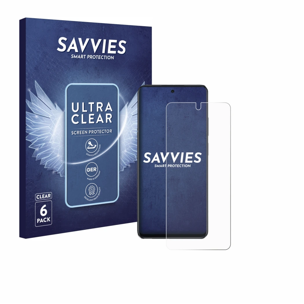 Face avant d’un emballage produit avec le logo de la marque Savvies. À côté, l’appareil Oppo A40 est représenté avec la protec