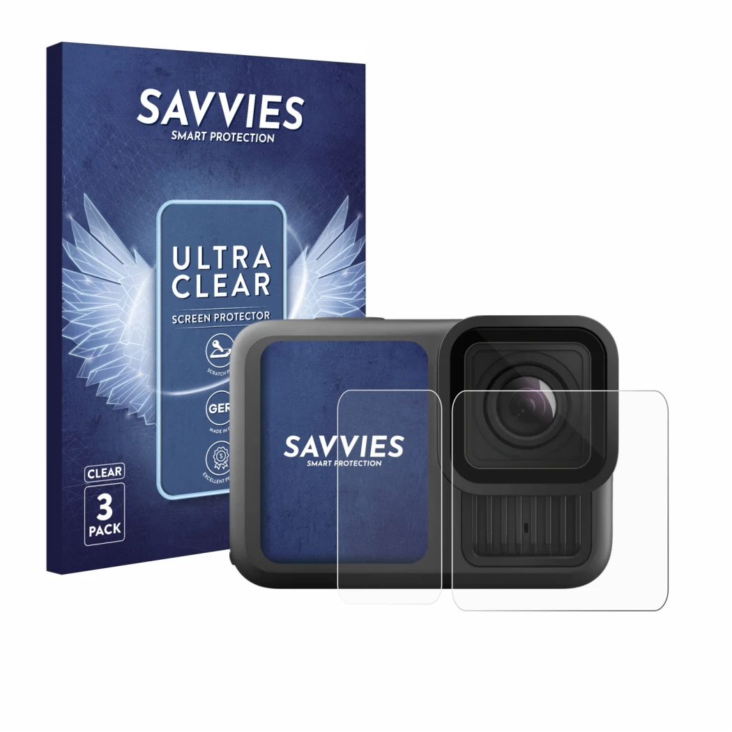 Face avant d’un emballage produit avec le logo de la marque Savvies. À côté, l’appareil GoPro Hero 13 Black Ultra Wide Edition