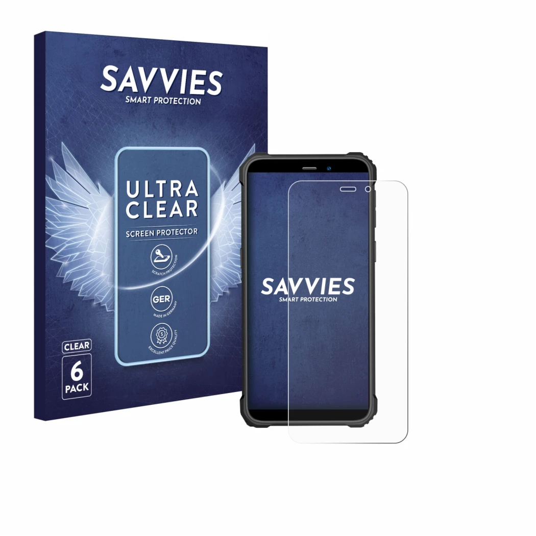 Face avant d’un emballage produit avec le logo de la marque Savvies. À côté, l’appareil Oukitel WP32 Pro est représenté avec l