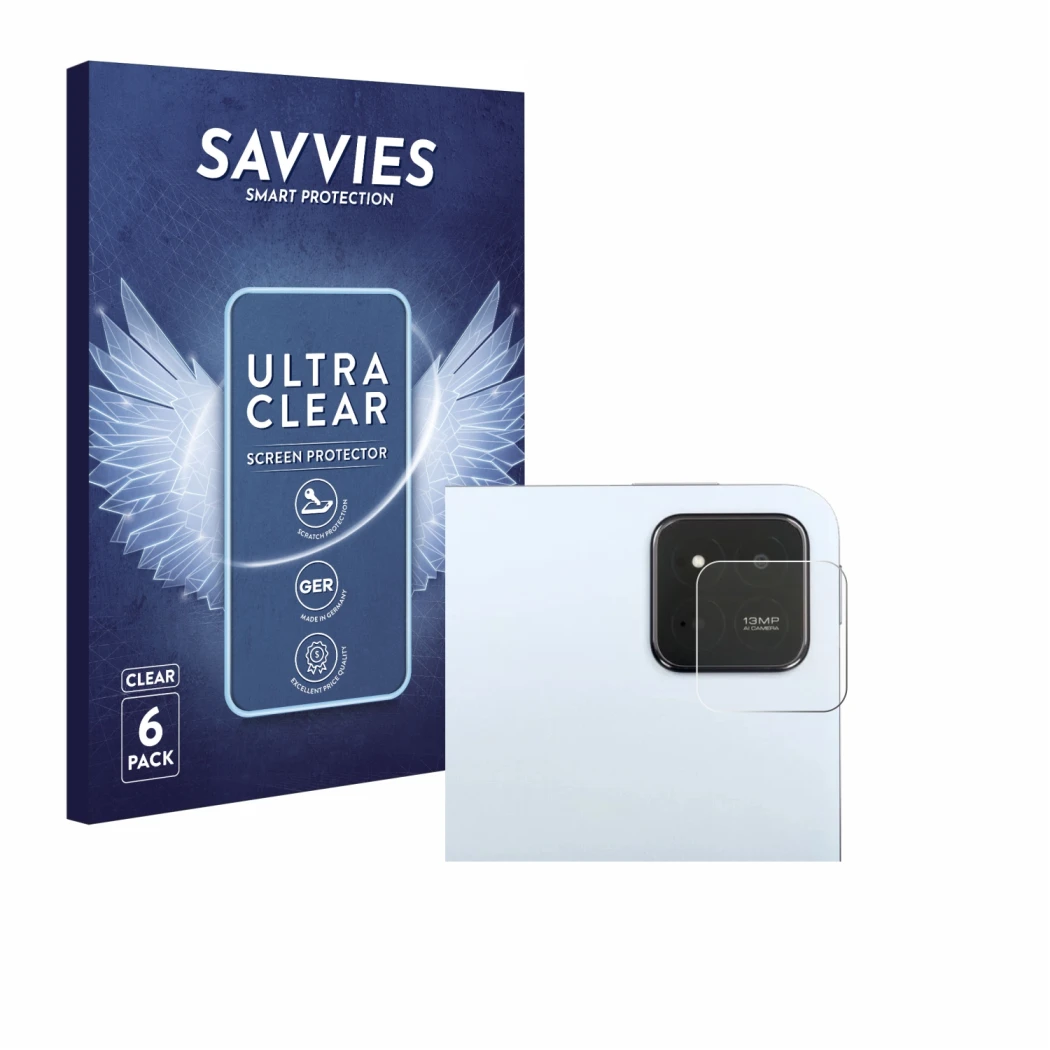 Face avant d’un emballage produit avec le logo de la marque Savvies. À côté, l’appareil Xiaomi Pad 7 (Caméra UNIQUEMENT) est r