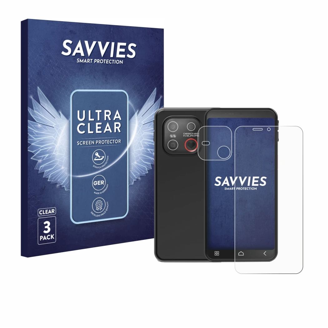 Face avant d’un emballage produit avec le logo de la marque Savvies. À côté, l’appareil Emporia Smart 7 Lite (Avant+Caméra) es