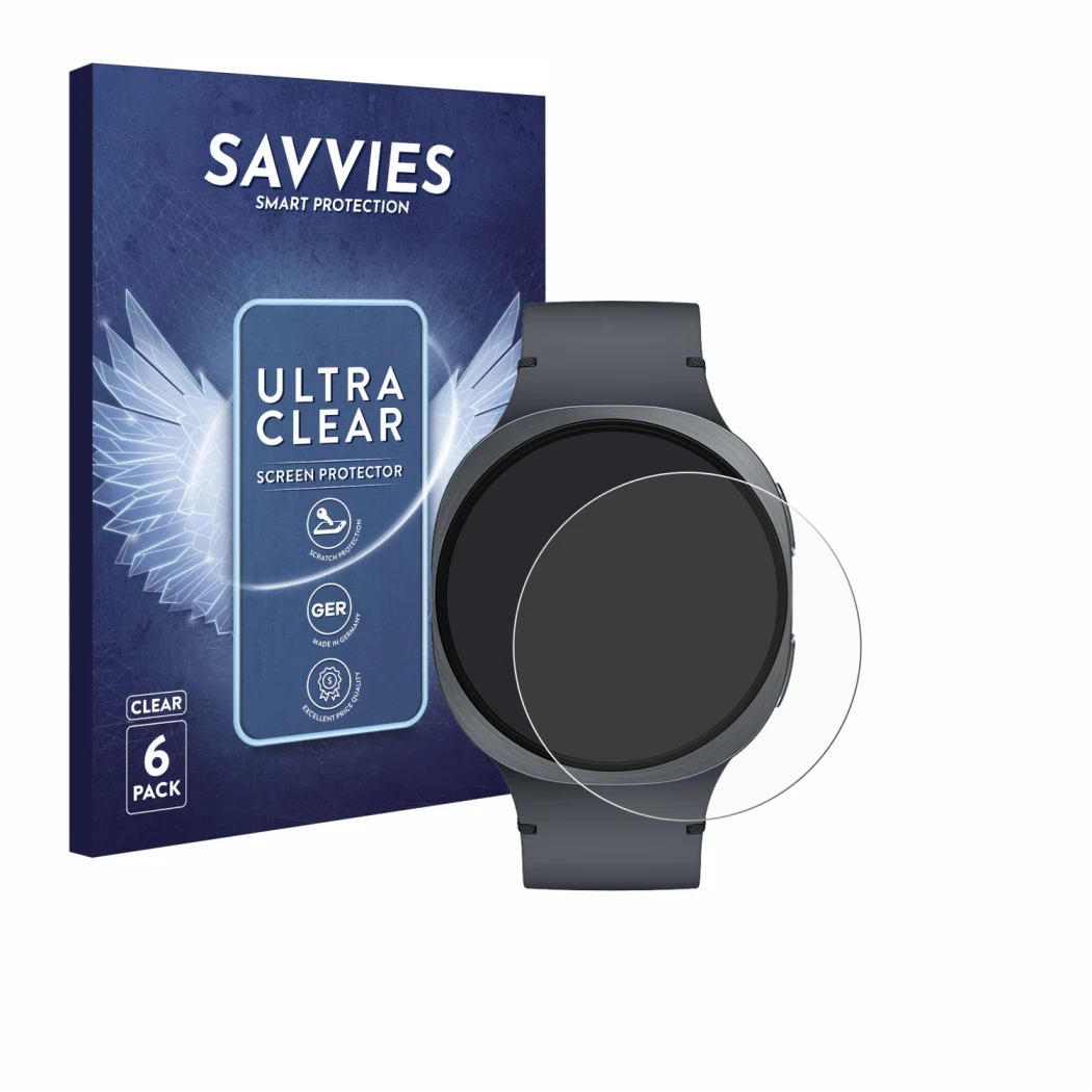 Face avant d’un emballage produit avec le logo de la marque Savvies. À côté, l’appareil Samsung Galaxy Watch 8 (44 mm) est rep