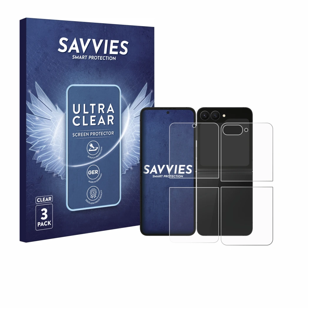 Face avant d’un emballage produit avec le logo de la marque Savvies. À côté, l’appareil Samsung Galaxy Z Flip 7 FE (Avant+Arri