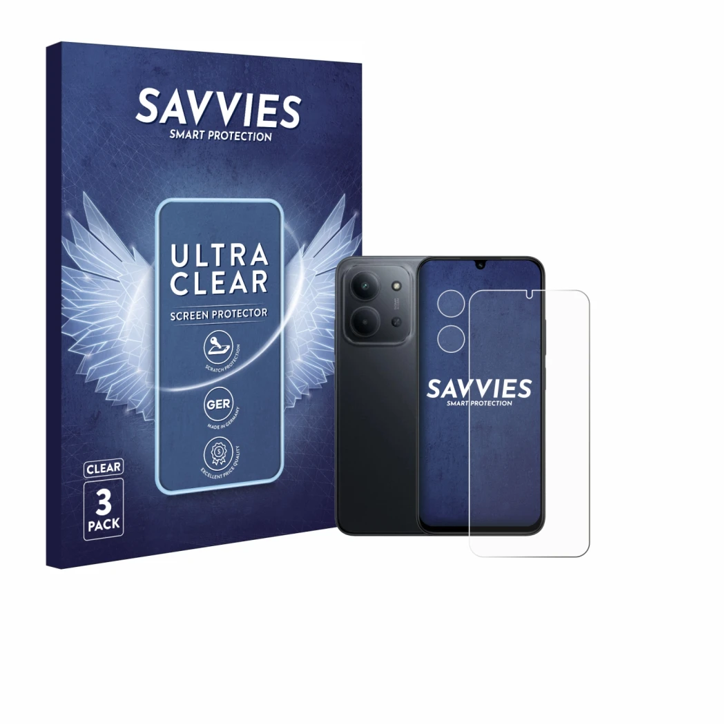 Face avant d’un emballage produit avec le logo de la marque Savvies. À côté, l’appareil Xiaomi Redmi 15C 4G (Avant+Caméra) est