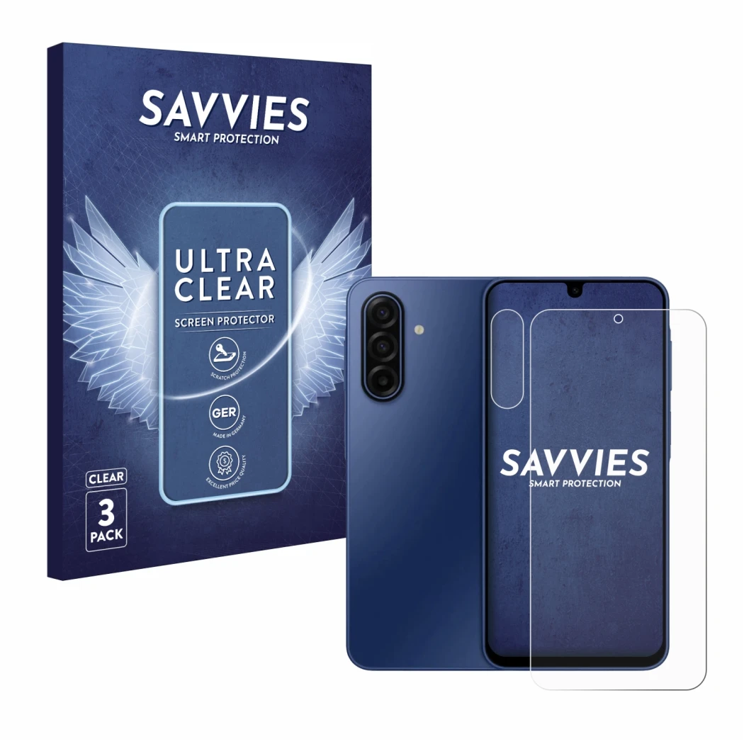 Face avant d’un emballage produit avec le logo de la marque Savvies. À côté, l’appareil Samsung Galaxy A17 5G (Avant+Caméra) e