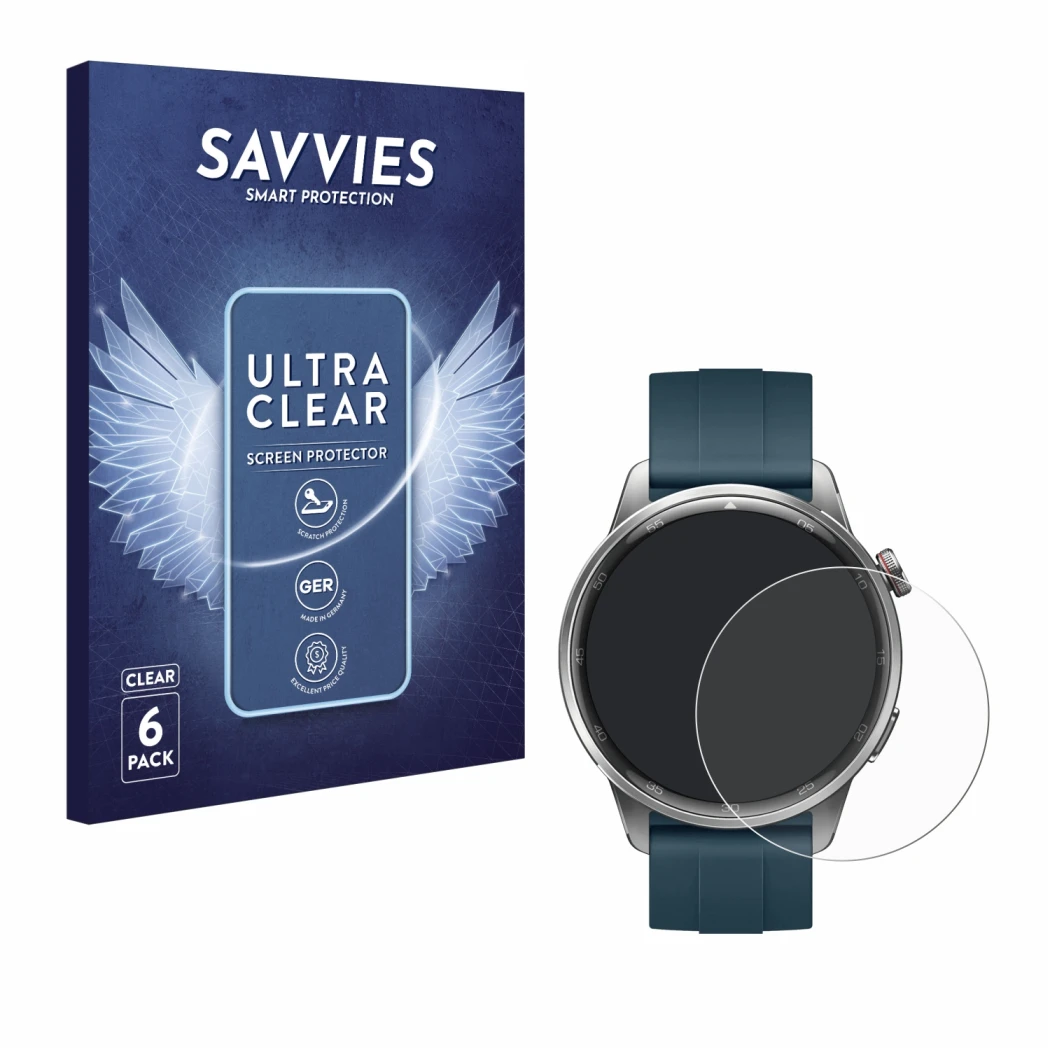 Face avant d’un emballage produit avec le logo de la marque Savvies. À côté, l’appareil realme Watch S2 est représenté avec la
