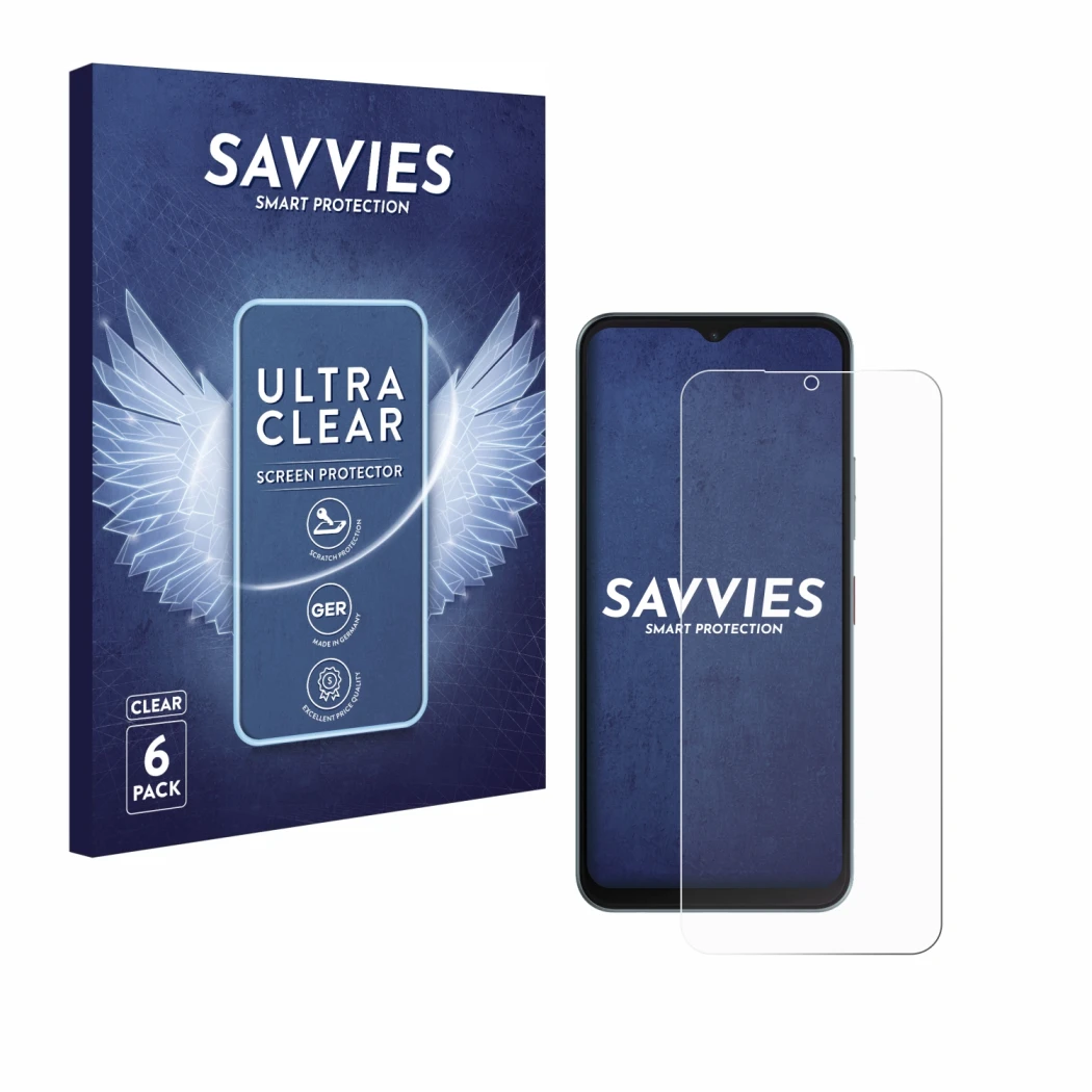 Face avant d’un emballage produit avec le logo de la marque Savvies. À côté, l’appareil Telekom T Phone 3 est représenté avec 