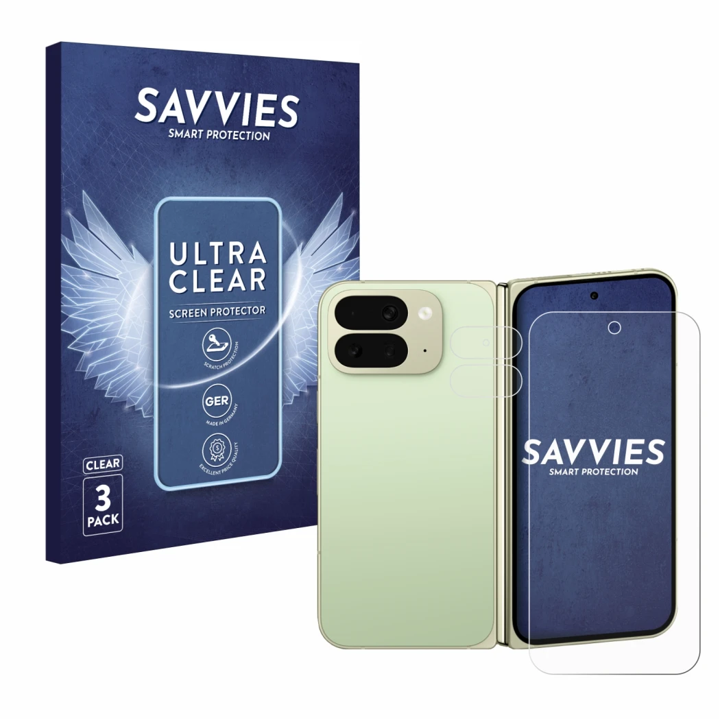 Face avant d’un emballage produit avec le logo de la marque Savvies. À côté, l’appareil Google Pixel 10 Pro Fold (Avant+Caméra