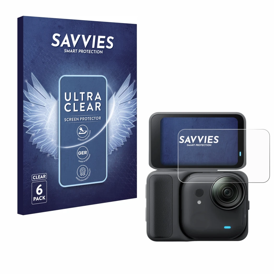 Face avant d’un emballage produit avec le logo de la marque Savvies. À côté, l’appareil Insta360 Go Ultra est représenté avec 
