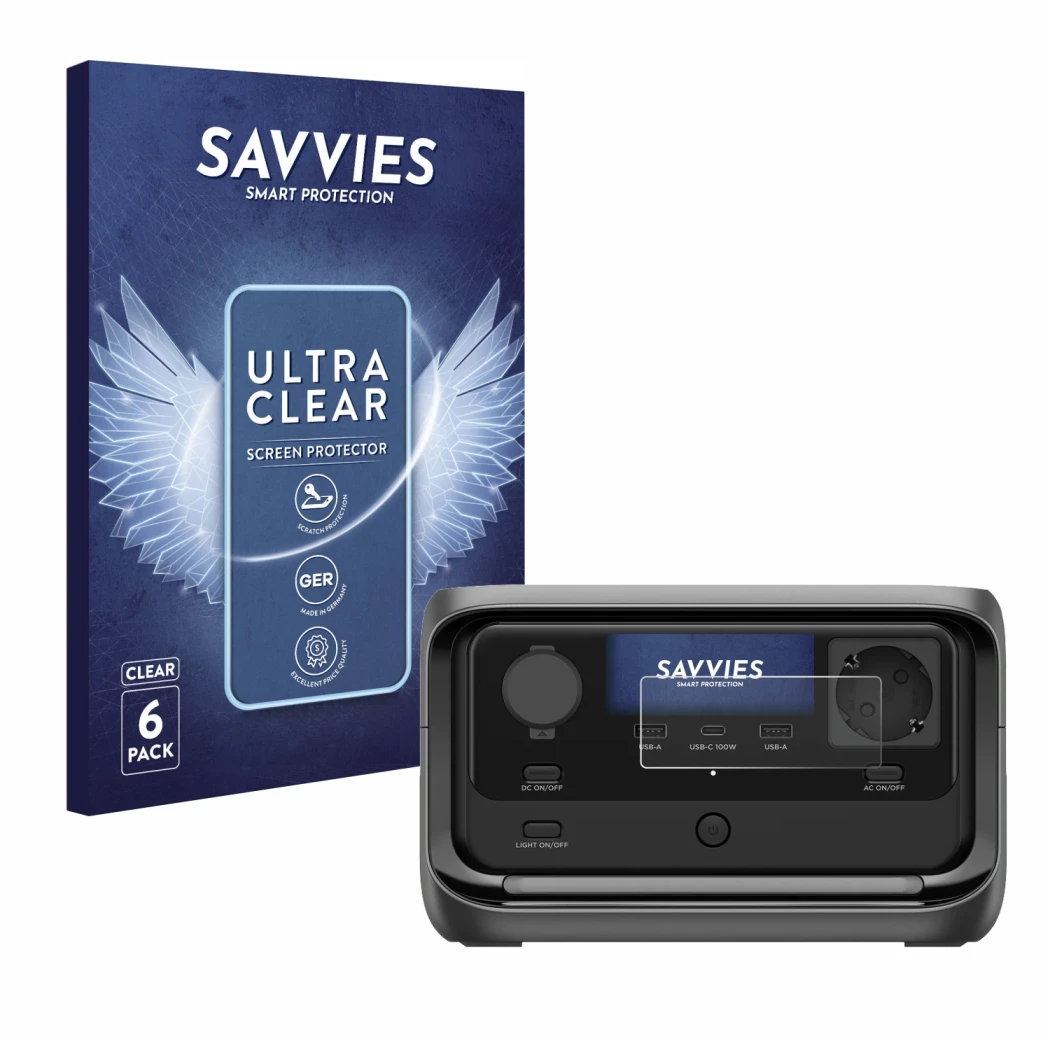 Face avant d’un emballage produit avec le logo de la marque Savvies. À côté, l’appareil EcoFlow River 3 Plus est représenté av
