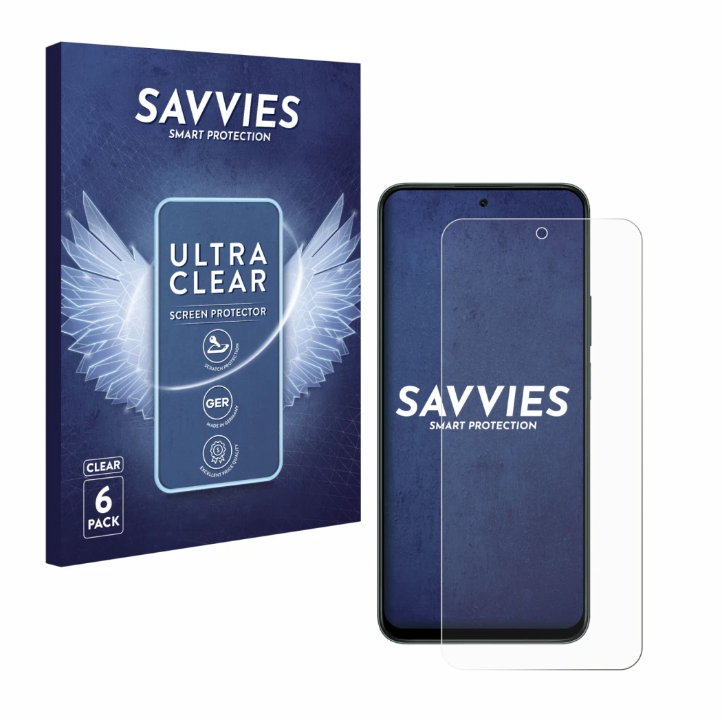 Face avant d’un emballage produit avec le logo de la marque Savvies. À côté, l’appareil Honor X7d 5G est représenté avec la pr